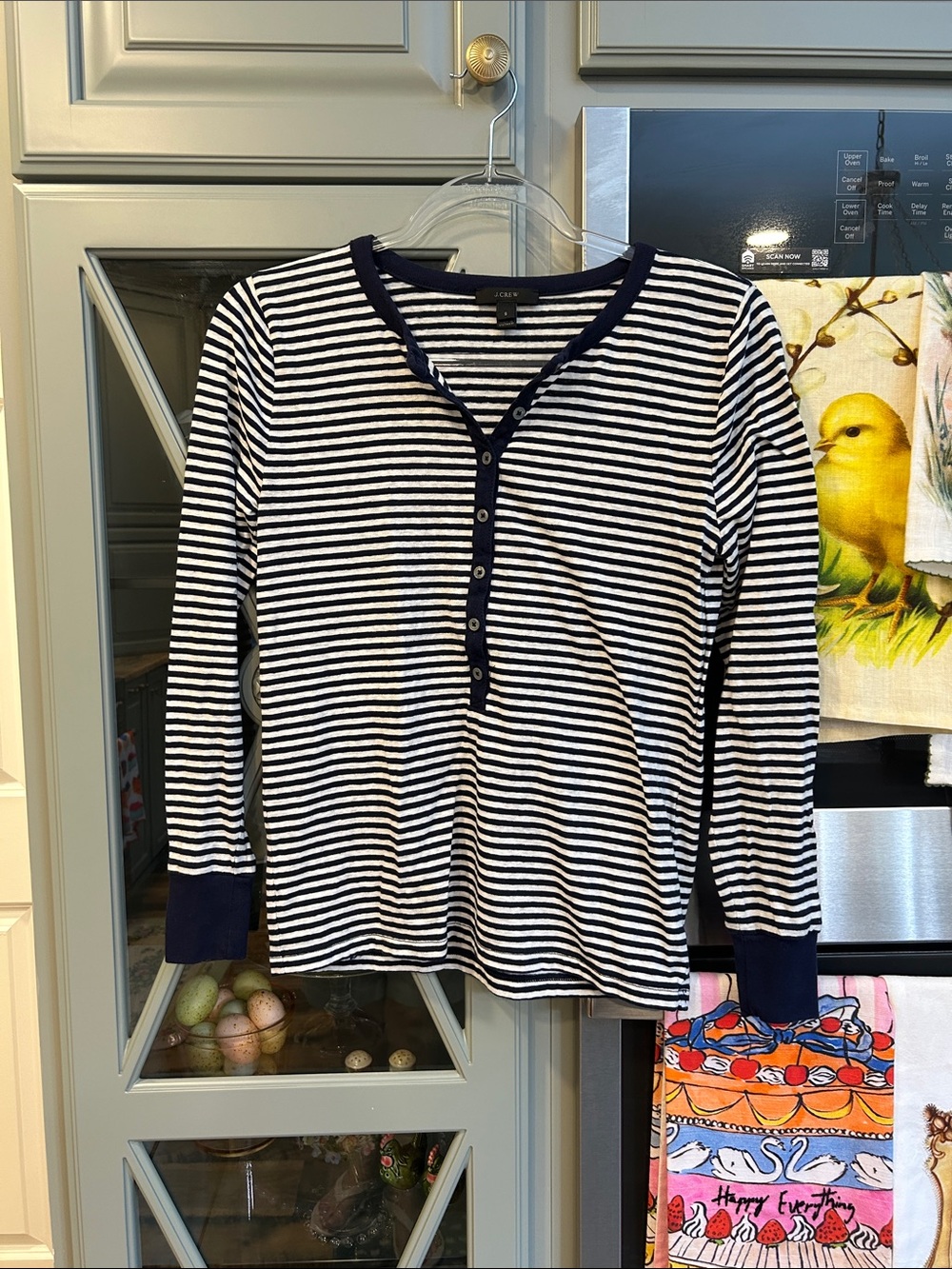 J. Crew Cotton Navy and White Striped Henley Top Small